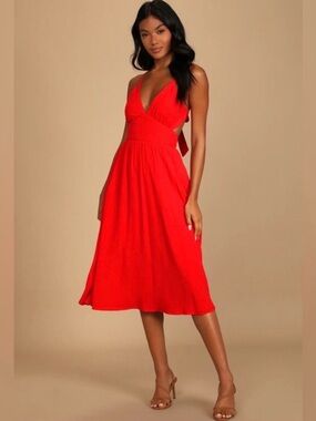 Lulu Bold New Look Red V-Neck Midi Dress with Tie Back